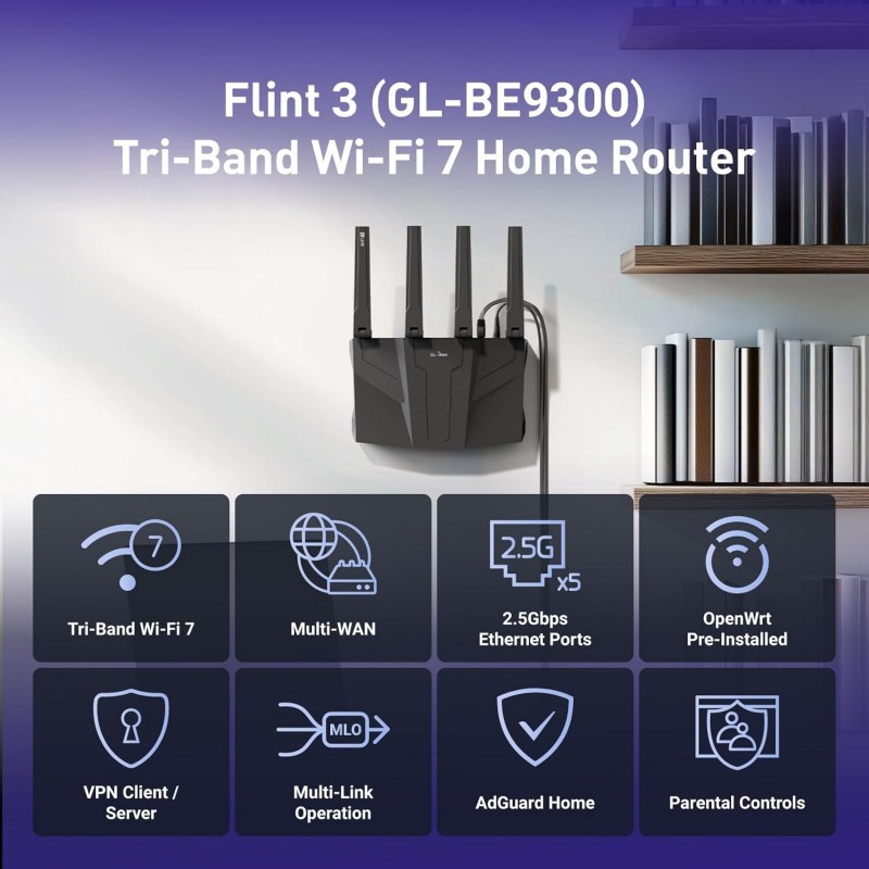 GL.iNet GL-BE9300 (Flint 3) Tri-Band WiFi 7 Router | High-Speed
