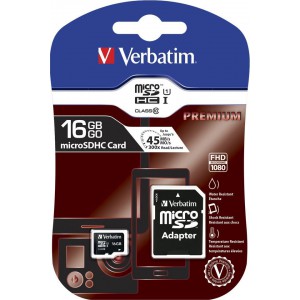 Verbatim M44082 Micro SDHC 16GB Class 10 Card + Adptor