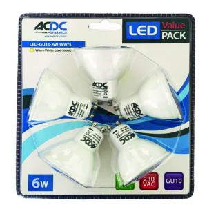 ACDC GU10 Cool White Bulbs (5 Pack) - Replace your old downlight bulbs with these energy-saving GU10 base LED bulbs
