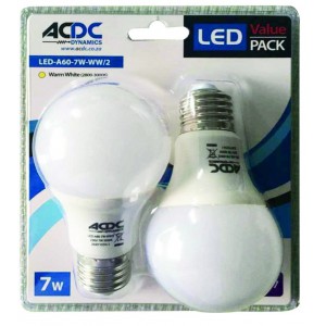 ACDC LED-A60-5W-B22-CW/2 110-240VAC 5W Cool White A60 B22 LED Lamp / 2 Per Pack