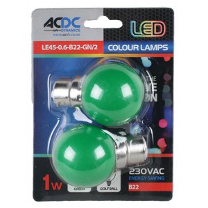 ACDC  LE45-0.6-B22-GN/2 230VAC 1W Green B22 Lamp Ball Type /2