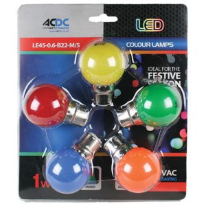 ACDC LE45-0.6-B22-M/5 230VAC 1W B22 Lamp Ball Type Mixed Colour 5 Pack