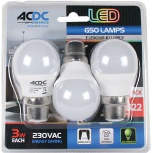 ACDC T-LEDG50R-B22-WW/3 230VAC Warm White LED Golf Ball Lamp 3W B22 /3 Pack