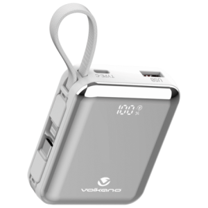 Volkano Solace Series 10 000 mAh Power Bank with Built-in USB-C &amp; Lightning Cable - White &amp; Silver