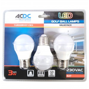 ACDC T-LEDG50R-E27-CW/3 230VAC Cool White LED Golf Ball Lamp 3W E27 /3Pack