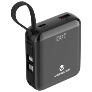 Volkano Solace Series 10 000 mAh Power Bank with Built-in USB-C &amp; Lightning Cable - Black