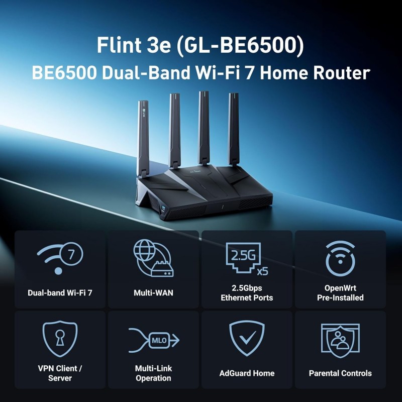 Flink 3 Router GL.iNet Flint 3e GL-BE6500 Wi-Fi 7 Dual-Band Router | Next-Generation ...