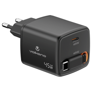 Volkano Sleek Series Fast Wall Charger 45W USB-C with Built-in Retractable 75cm Cable - Black