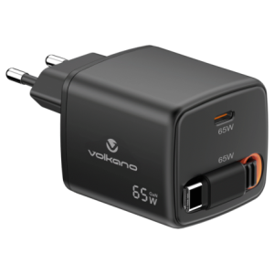 Volkano Sleek Series Fast Wall Charger 65W USB-C with Built-in Retractable 75cm Cable - Black