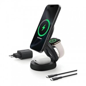 Belkin MagSafe-Compatible Charger- 3-in-1 Convertible Wireless Charging Station- Qi2-Certified 15W Wireless Charger for iPhone 16- Apple Watch- AirPods w/Non-Slip Base- 36W Plug Included - Black