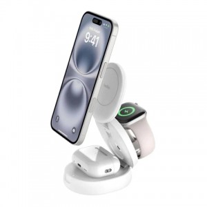 Belkin MagSafe-Compatible Charger- 3-in-1 Convertible Wireless Charging Station- Qi2-Certified 15W Wireless Charger for iPhone 16- Apple Watch- AirPods w/Non-Slip Base- 36W Plug Included - White