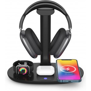 4-in-1 Headphone Stand with 15W Wireless Charger | Black &amp; White