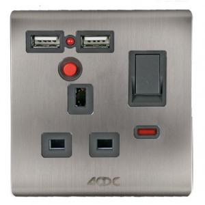 UK Switched Socket with 2x USB 5V/2.1A Max (3x3) Stainless Steel