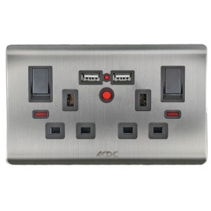 2 X UK Switched Socket with 2 X USB 5V/2.1A Max (6X3) Stainless Steel