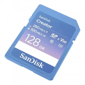 SanDisk Creator SD UHS-II Card 128GB- read speeds up to 280MB/s- write speeds up to 100MB/s- 4K UHD/6K video- V60