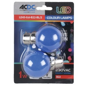 230VAC 1W Blue B22 Ball Type Lamp Pack of 2