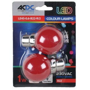 230VAC 1W Red B22 Ball Type Lamp Pack of 2