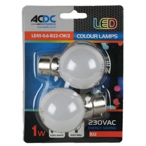 230VAC 1W Warm White B22 Ball Type Lamp Pack of 2