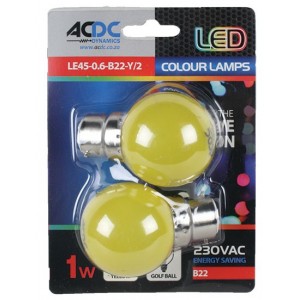 230VAC 1W Yellow B22 Ball Type Lamp Pack of 2