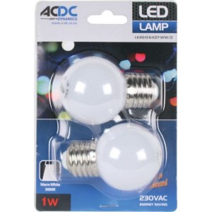 Warm White E27 Ball Type Lamp 230VAC 0.6W - 2 Pack