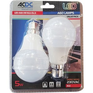 230VAC 5W Warm White A60 B22 LED Lamp - 2 Pack