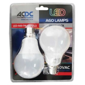 7W Cool White A60 B22 LED Lamp - 2 Pack (230VAC)