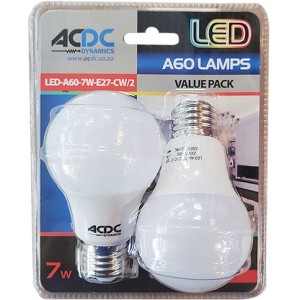 7W Cool White A60 E27 LED Lamp - 2 Pack