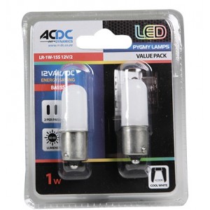 12VAC/DC BA15S 1W LED Lamp Cool White 45x18.5mm 2-Pack