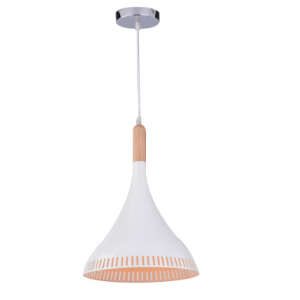 White and Wood Pendant Light - 300mm Diameter- 60W- E27
