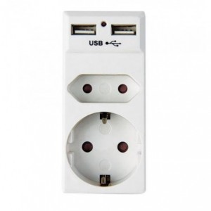 Schuko Adapter with 1x 2-Pin Euro- 1x Schuko- and USB 5V/2.1A