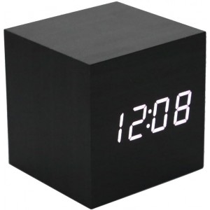 Mini Cube LED Digital Alarm Clock | Wood Finish- Time/Date/Temp- Voice Control