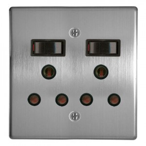2x 16A Switched Socket Outlet 4x4 with Silver Steel Cover Plate
