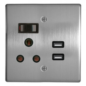 16A Switched Socket 4X4 with USB and Silver Steel Cover Plate