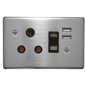 16A Switched Socket 4X2 with USB and Silver Steel Cover Plate