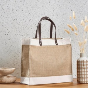 Okiyo Reza Jute &amp; Cotton Tote with Leather Handles