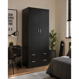 Velour 2 Door and 2 Drawer Wardrobe - Black - Fine Living