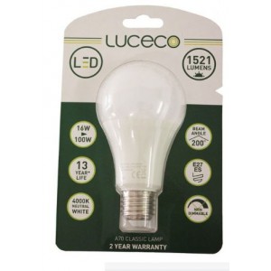 Luceco A70- 1PC BLISTER- E27- 16W- 1521LM- NEUTRAL WHITE- 4000K- NON-DIM- LED LAMP