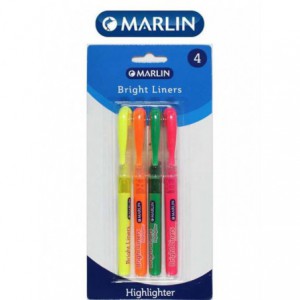 Marlin Bright Liners Pen Type Highlighters Assorted Colours ( Blister Pack of 4 )