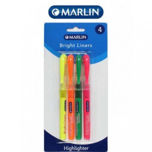 Marlin Bright Liners Pen Type Highlighters Assorted Colours ( Blister Pack of 4 )