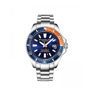 Stuhrling Original Men's Diver Blue And Orange Silver Bracelet Watch