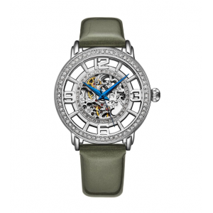 Stuhrling Original Women's Automatic Crystal Studded Skeleton Grey Patent Leather Strap Watch