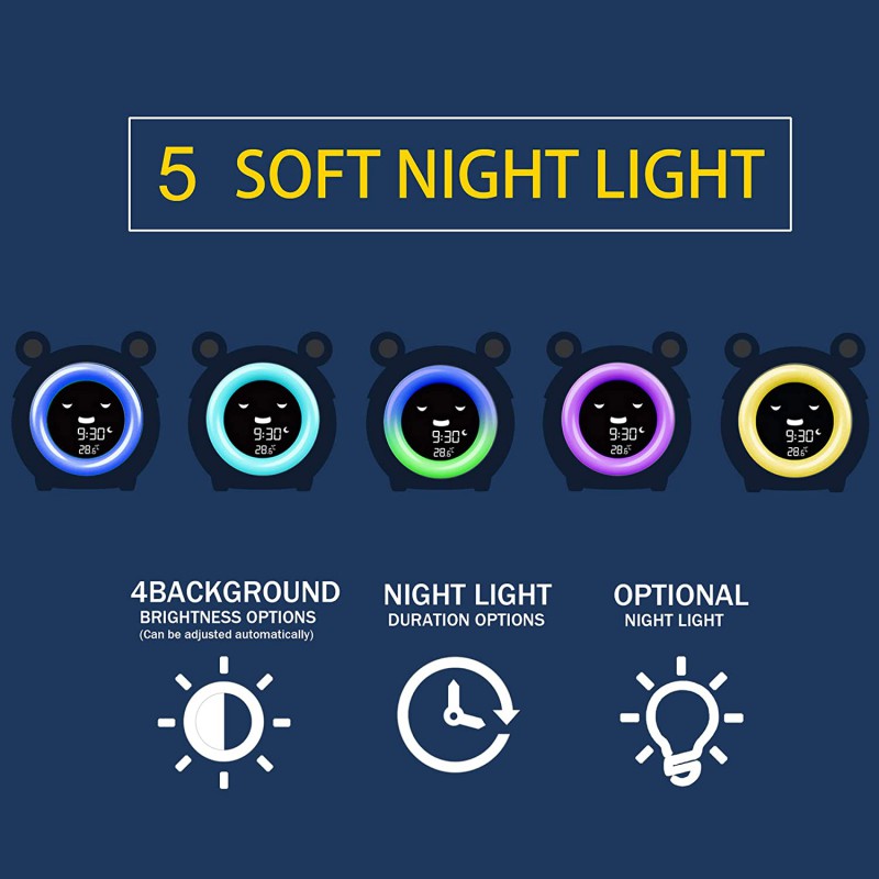 Child Sleep Training Digital Alarm Clock with 5 Color Night Light - GeeWiz