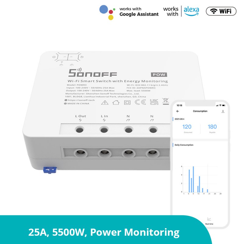 Sonoff POW R3 25A WiFi Geyser Smart Switch with Power Consumption  Measurement (compatible with Google Home/Alexa) - High Power 5500W - GeeWiz
