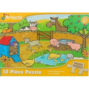 Butterfly 12 Piece A4 Wooden Puzzle Farm Animals- Interlocking Pieces 210 x 297mm