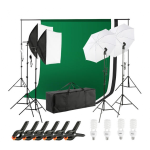 Photo Video Studio Light Kit - Including 3 Color Backdrops (Black/White/Green) - 24pcs