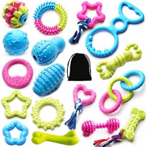 SZKOKUHO 17 Packs Durable Pet Puppy Dog Chew Toys Set Puppy Teething Ball Toys Puppy Rope Dog Tug Toy Safety Design