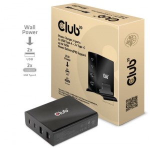 Club3D Power Charger, 4 ports, 2x USB Type-A 2x Type-C up to 112W, Power Delivery(PD) Support