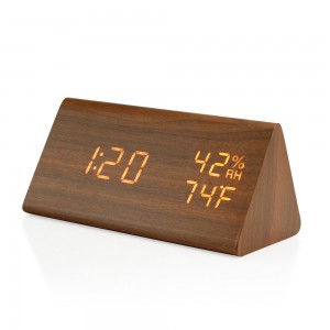 Triangle Wooden Clock with LED Display - Brown