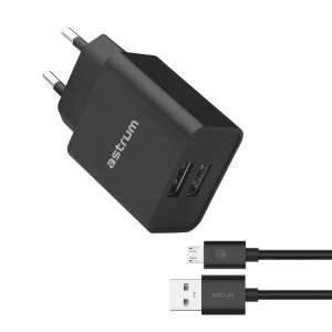 Astrum Pro Dual U24 12W 2.4A Dual USB Fast Travel Charger + Micro USB Cable – Black