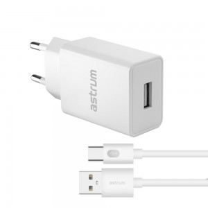 Astrum Pro U20 10W 2A USB-A Wall Fast Travel Charger + USB-C Cable – White